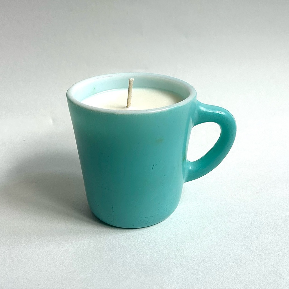 HANDMADE “Sea Salt and Orchid” Soy Candle in Vtg Hazel Atlas Blue Milk Glass Mug